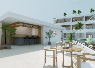 Puerto Bayahibe suites área de bar, área común, y solarium.